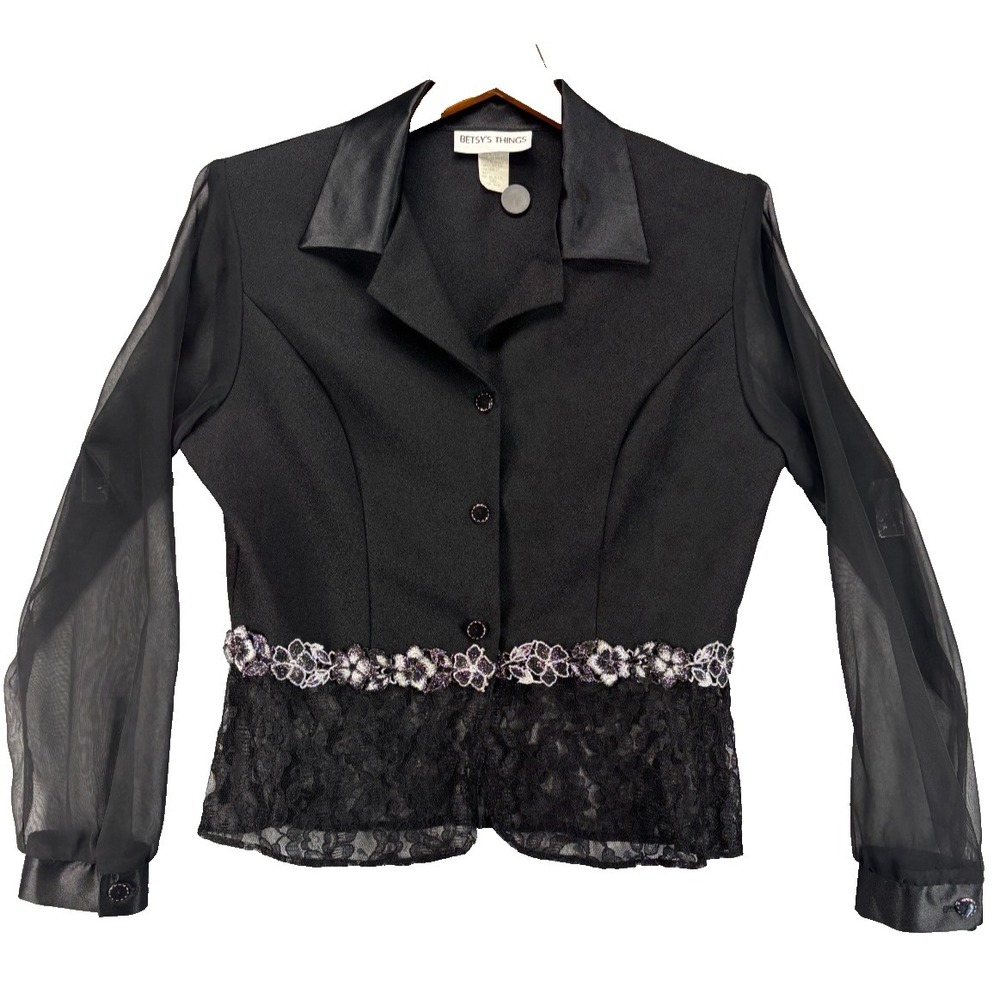 Vintage 80's 90's Sheer Black Top Jacket Lace Silver Metallic Goth Glam size 12 - Picture 9 of 15